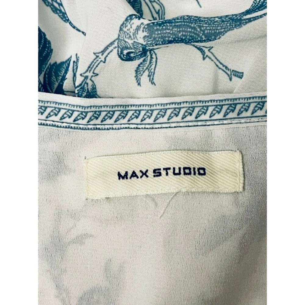 Max Studio Blue Toile de Jouy Bird Floral Smocked Tiered Ruffle Dress Sz S/M - Picture 8 of 10